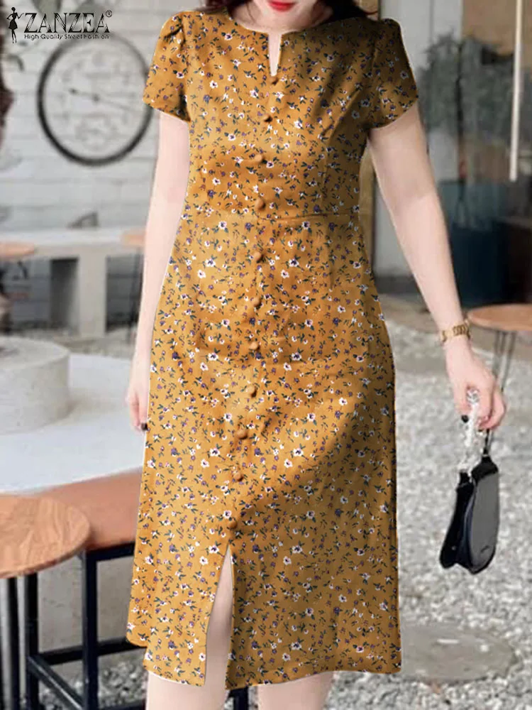 

ZANZEA 2024 Vintage Round Neck Midi Dresses Beach Short Sleeve Dress Summer Women Floral Printing Sundress Holiday Casual Robes