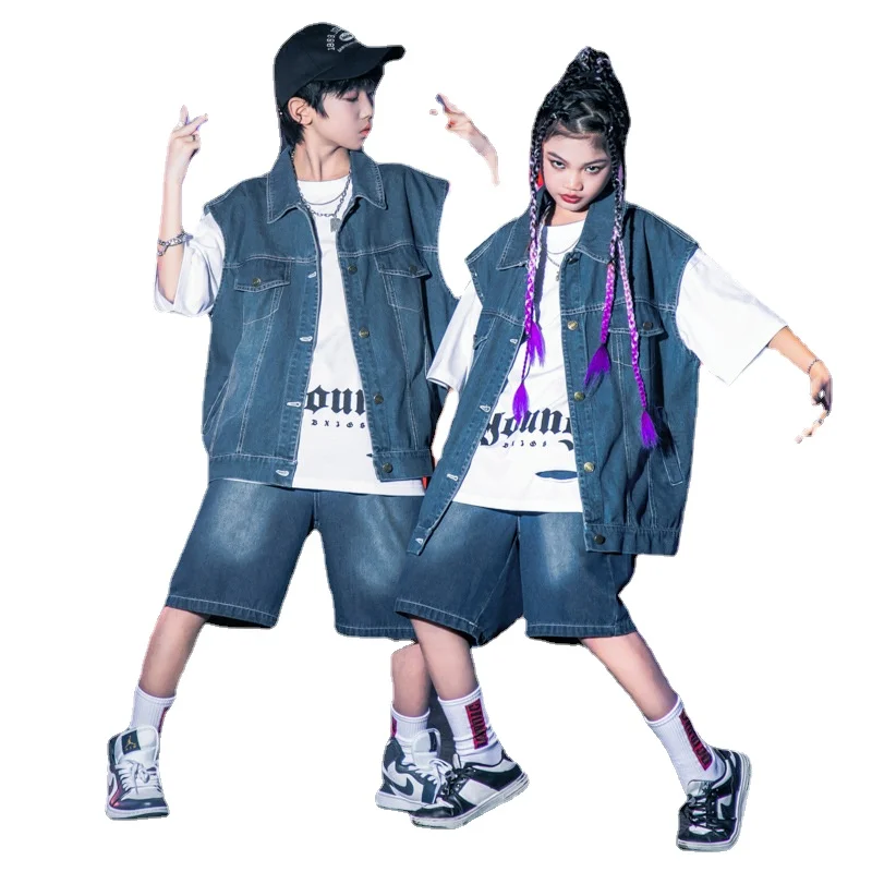 

Kids Clothes Boys Summer Short Sleeve Denim Jacket Two Pieces Jazz Hip Hop Dance Groups Teen Children Streetwear Girls Costume