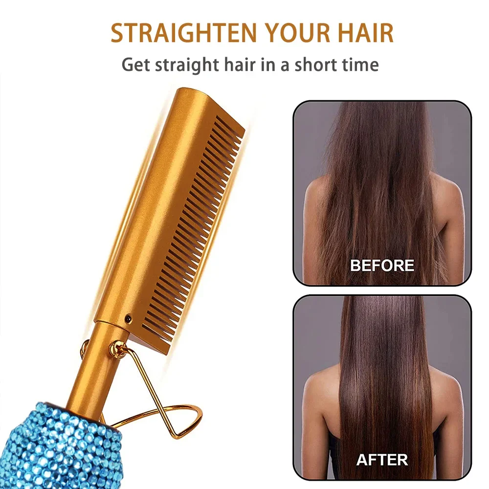 Hot African Hair Straight High Heat Press Comb, Mini Hair Straightener Pressing Electric Bling Hot Comb