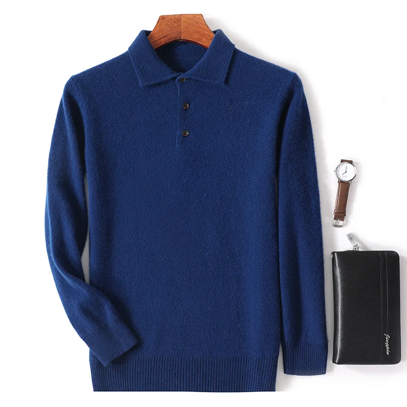 Men's 100%  Wool Sweater Winter New Lapel Long Sleeved POLO Dweater Loose Solid Color Sweater Casual Knit Bottom Top