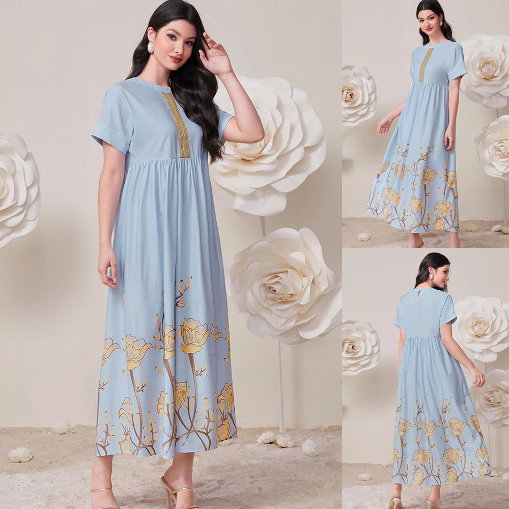 

New Summer Dress Female Short Sleeve O-Neck Floral Printed Large Bohemian Beach Dress for Women Robe Dresses Women Eid Ramadan
