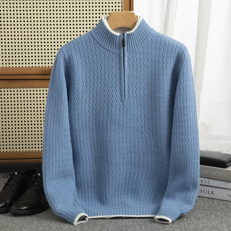Contrast color Half zip Autumn/winter new 100% Merino wool cashmere sweater men's half turtleneck pullover warm bottom knitshirt 3