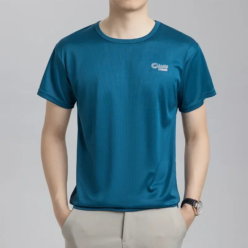 Men's Summer Ice Silk T-Shirt Cold Short Sleeve O-Neck Stretch Quick-Drying Breathable Sports Shirt