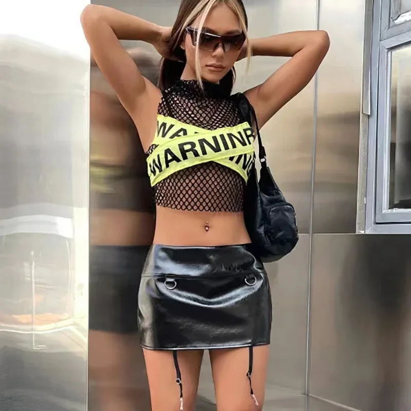 Description Picture 4 of item2024 Summer Fashionable Outer Wear Polyester Fiber Top Street Style Letter Color Blocking Hollow Out Net Yoke Women's Vest