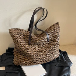 Luxury Straw Woven Tote Bag - Large Capacity Casual Beach Shoulder Handbag (Dark Brown)
