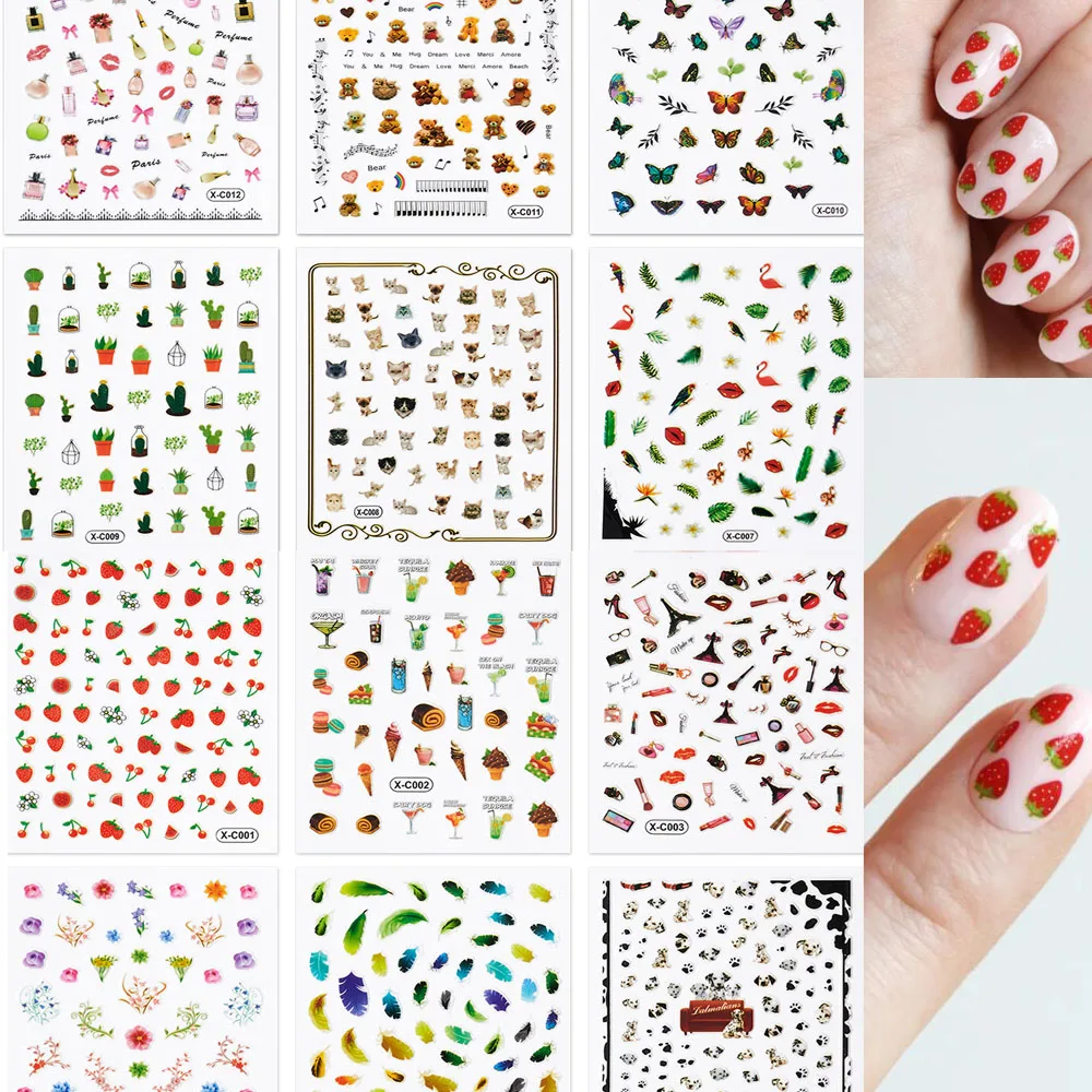 

Nail Decals Stickers, 12 Sheets Self-Adhesive Nail Art Decal Include Plant Cactus //Strawberry/Feather/Dog/Cat Sticker