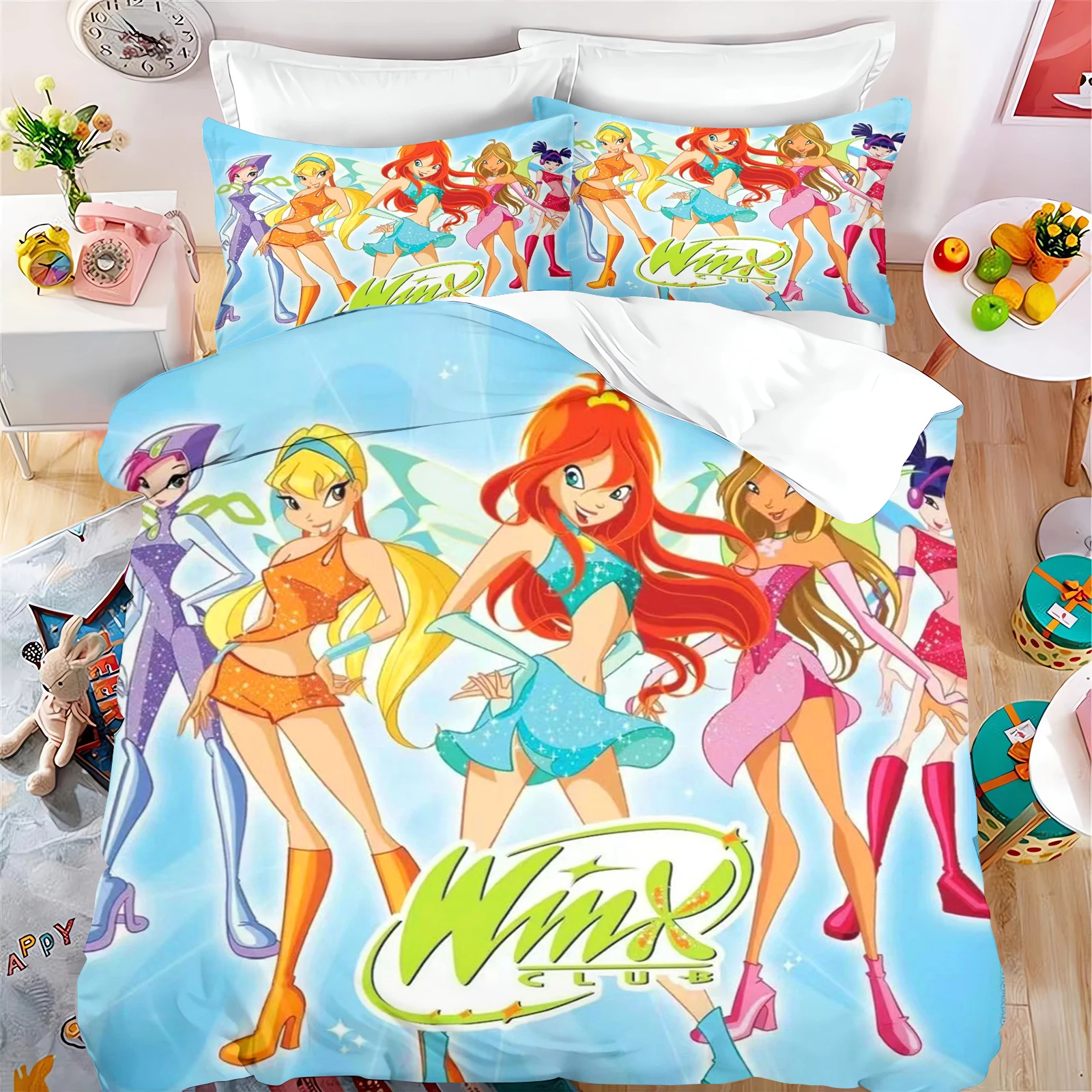 Cartoon Winx Club Printed Bedding Set Soft Duvet Cover Set Quilt Cover Pillowcase Set Home Textile Bedclothes for Kids Adult Boy 4