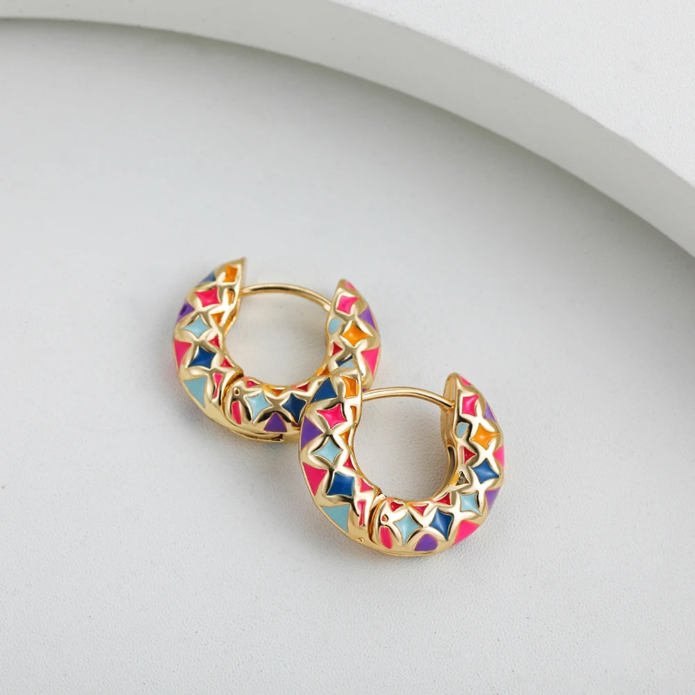 Geometric Multicolor Enamel Round Circle Hoop Earrings for Women Korean Ear Buckle Huggies Female Jewelry Gifts