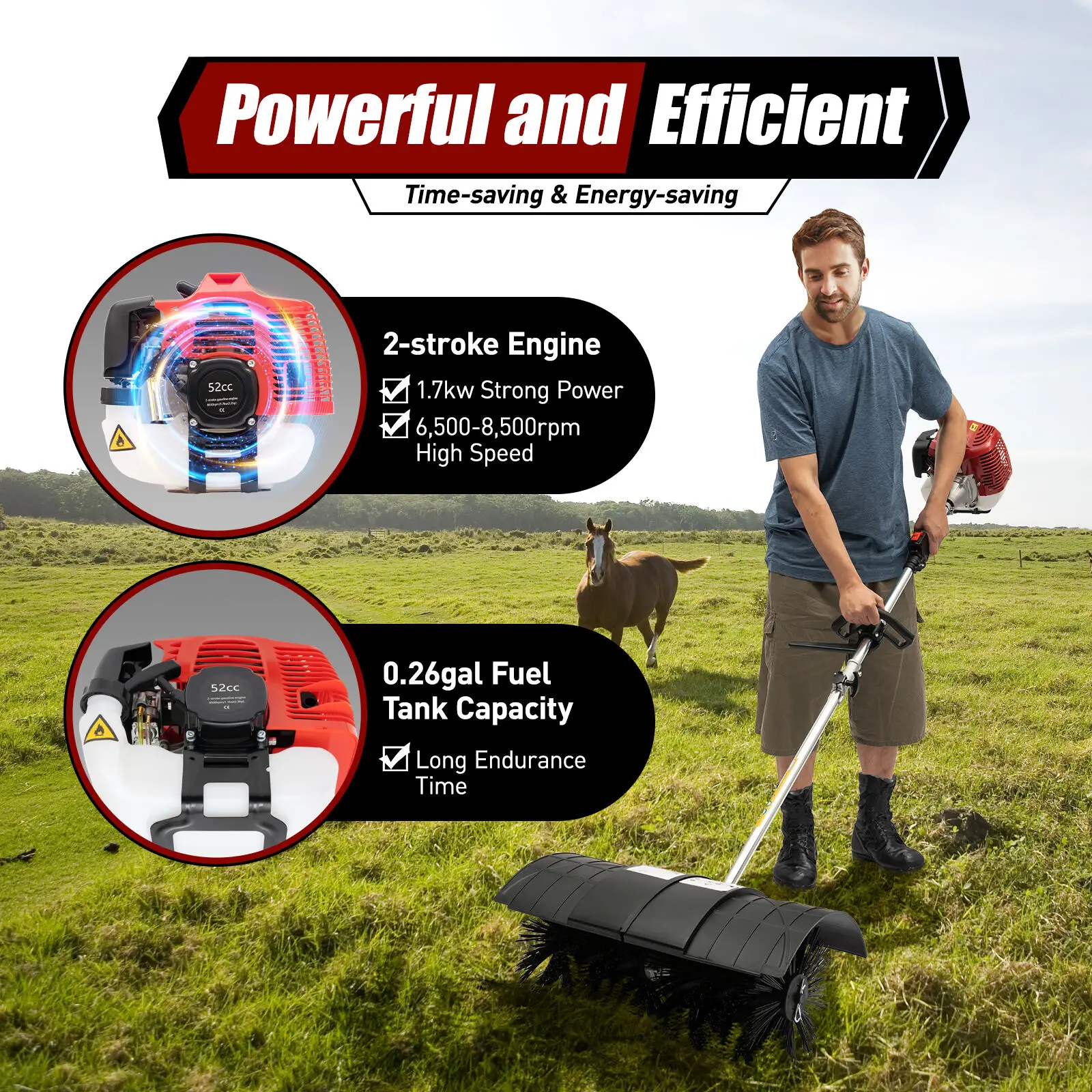 52CC Hand Sweeper, 2.3HP Gasoline Sweeper Pusher Snow Turf Grass Driveway Cleaning Hand Held Broom Blower Broom 2 Stroke 1700W