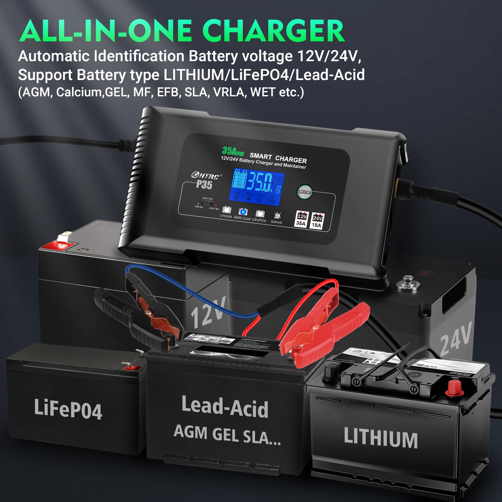 HTRC 35A 12V-24V Battery Charger LCD Display for ATV Truck Lithium/LiFePO4/Lead-Acid/AGM Battery Pulse Repair Charger Maintainer 5
