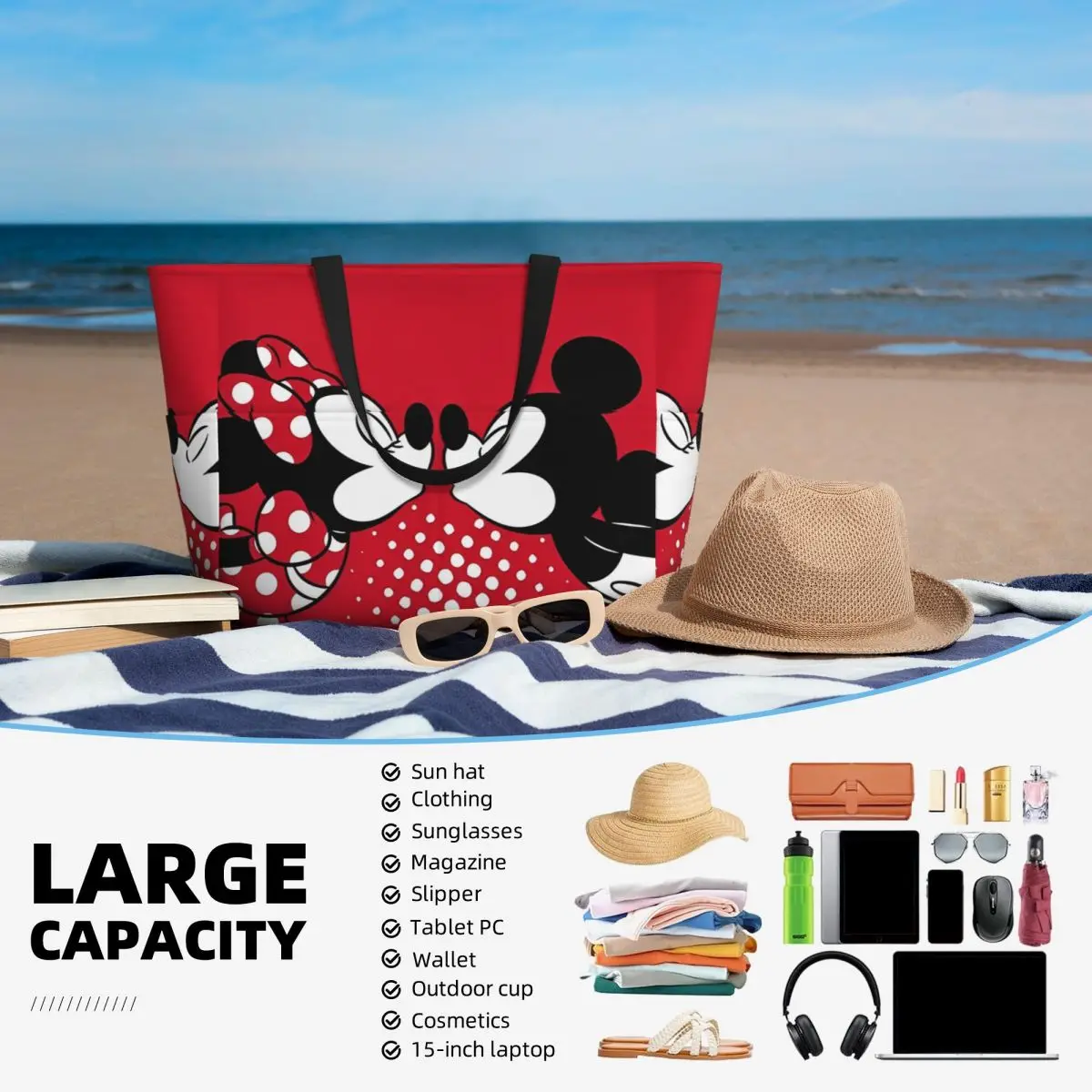Women Disney Mickey Mouse Minnie Beach Bag Waterproof Tote Bag Pool Bag with Zipper for Gym Grocery Travel 6
