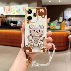 Diamond Wrist Strap Lanyard Cute Bear Phone Holder Case with Stand Cover for Redmi Note 13R Pro (White)