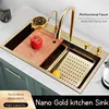 Gold 304 Stainless Steel kitchen Waterfall Sink,Vegetable Washing Basin,Large Single Slot,Middle And Lower Basin,Thickened 1