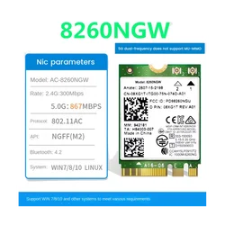 8260 8260NGW WiFi Card+2XAntenna 2.4G/5Ghz 867M Bluetooth 4.2 NGFF M.2 WiFi Wireless Card Module for Intel AC 8260