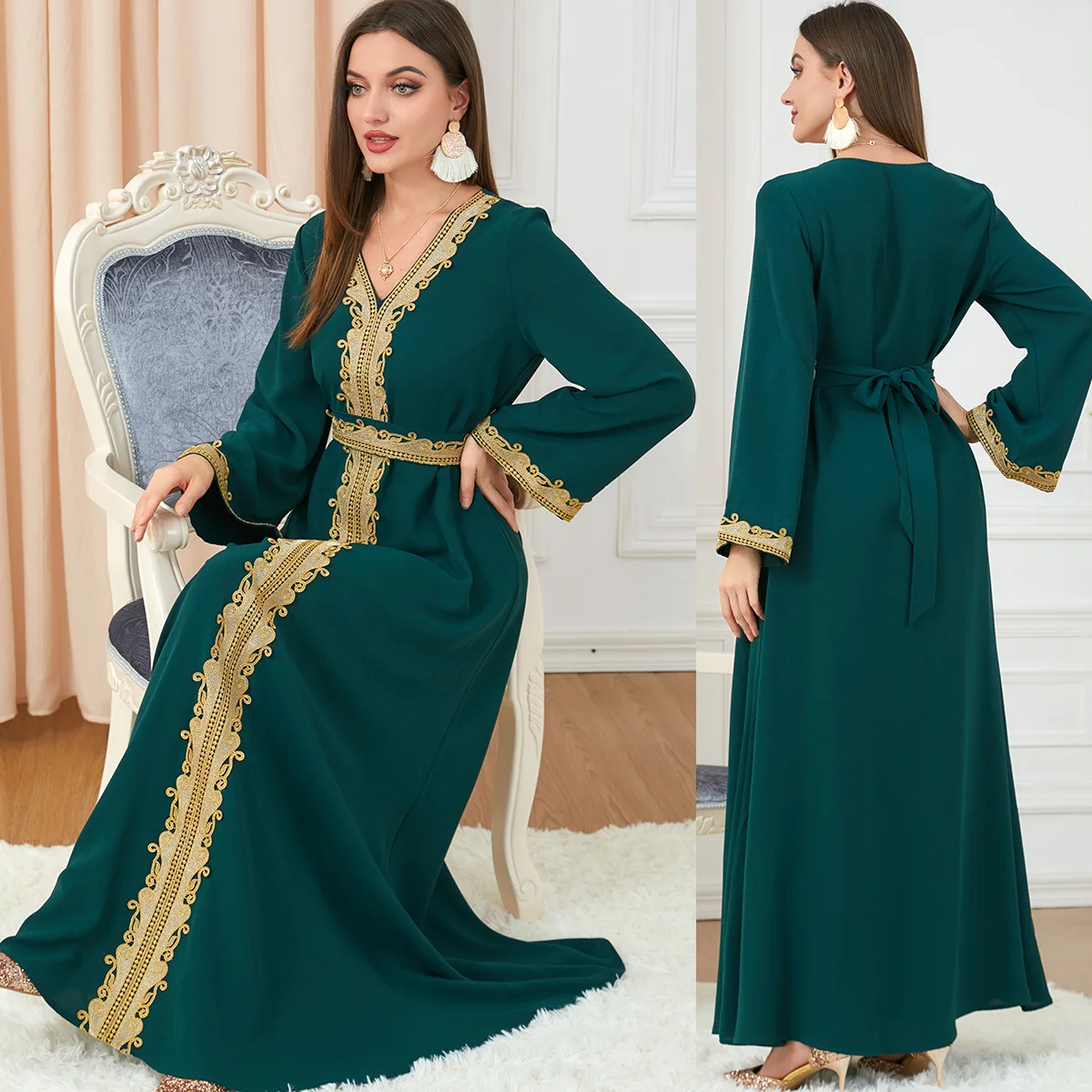 Dresses For Muslim Women Lace Embroidery V-Neck Long Sleeve Party Maxi Dress With Belt Elegant Moroccan Kaftan Turkey Wears