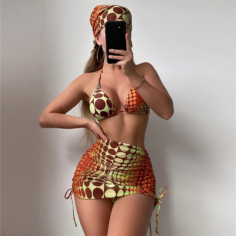 

4 Pieces Random Dot Print Tie Side Halter Bikinis Swimsuit & Beach Skirt Sexy Swimwear Women 2023 Bathing Swimming Suit Female