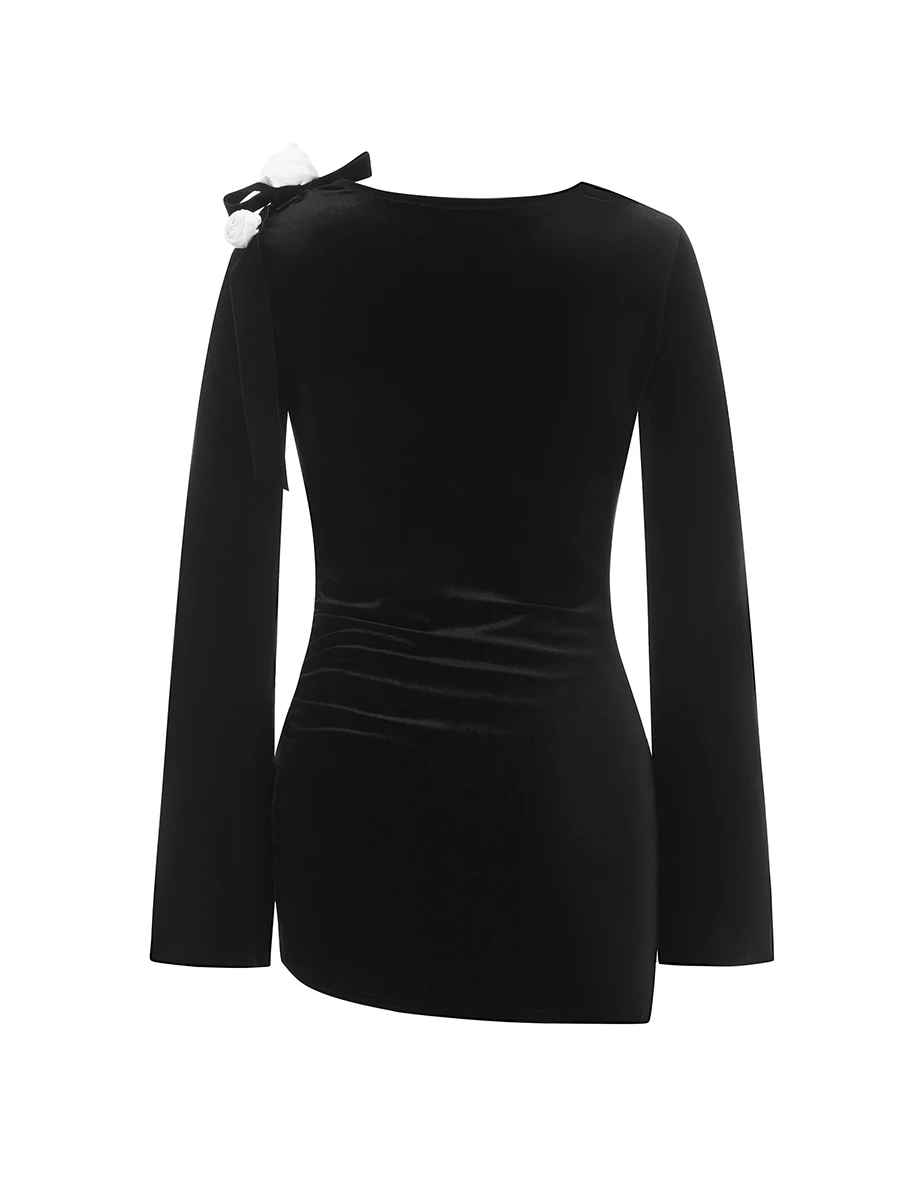 

Women Cowl Neck Ruched Dress Vintage Long Sleeve 3D Flower Bow Shoulder Slim Fit Mini Dress Party Club Dating