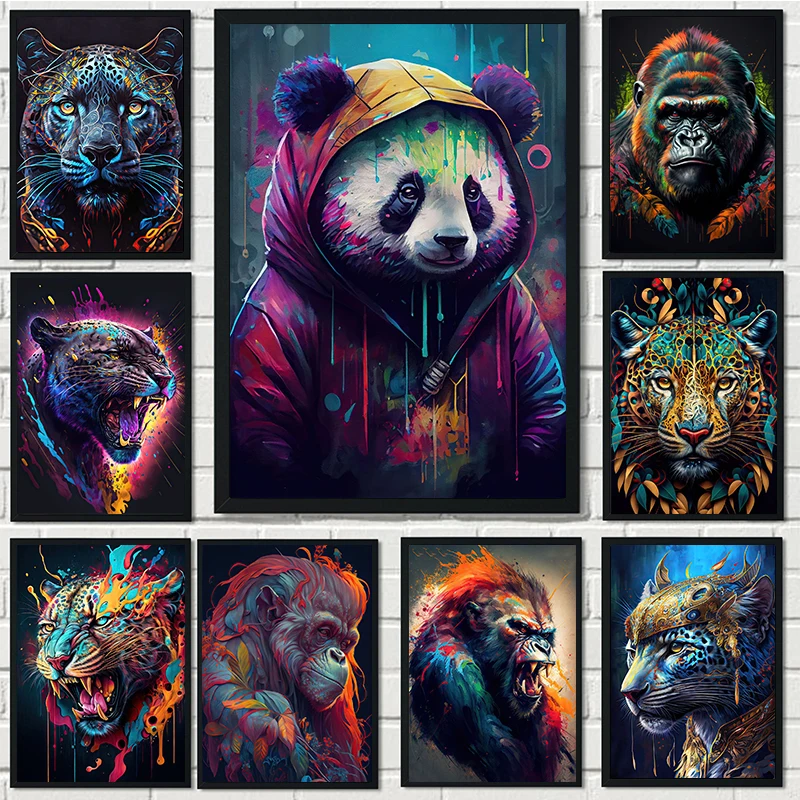 

Colorful Poster and Print Mural for Living Room, Animals in the Jungle, Lion, Leopard, Ape, Canvas, Modern, Decorative Paintings