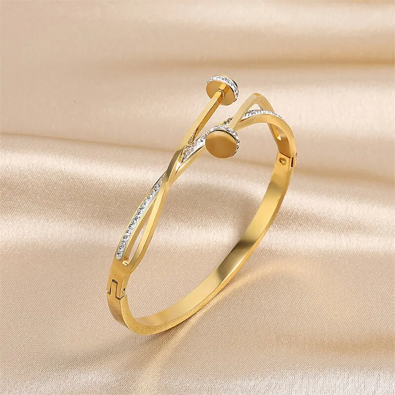 Double Crystal Nail Head Cross Stainless Steel Bracelet For Woman Silver Color Love Wedding Gift Bangle Jewelry
