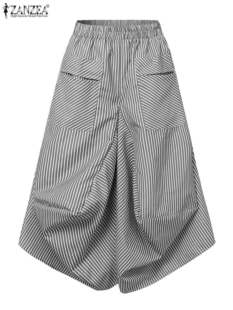 Polyester Striped Casual Pants with Elastic Waist and Big Pockets