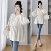 Korean Style Maternity Formal Shirts Long Sleeve Loose Turn-down Collar Button Fly Pregnant Woman Ball Gown Blouse Pregnancy Top 4