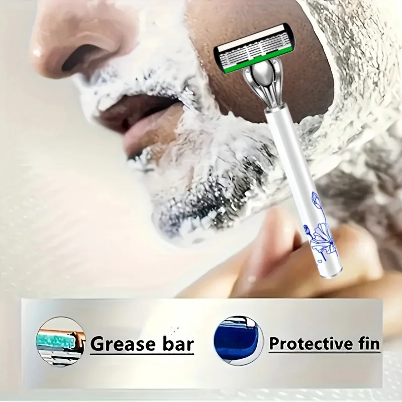 (홀더 1개+교체용 헤드 3개) 6중날 안전 면도기 남성용 이발사 면도기 바디 얼굴 제모 도구