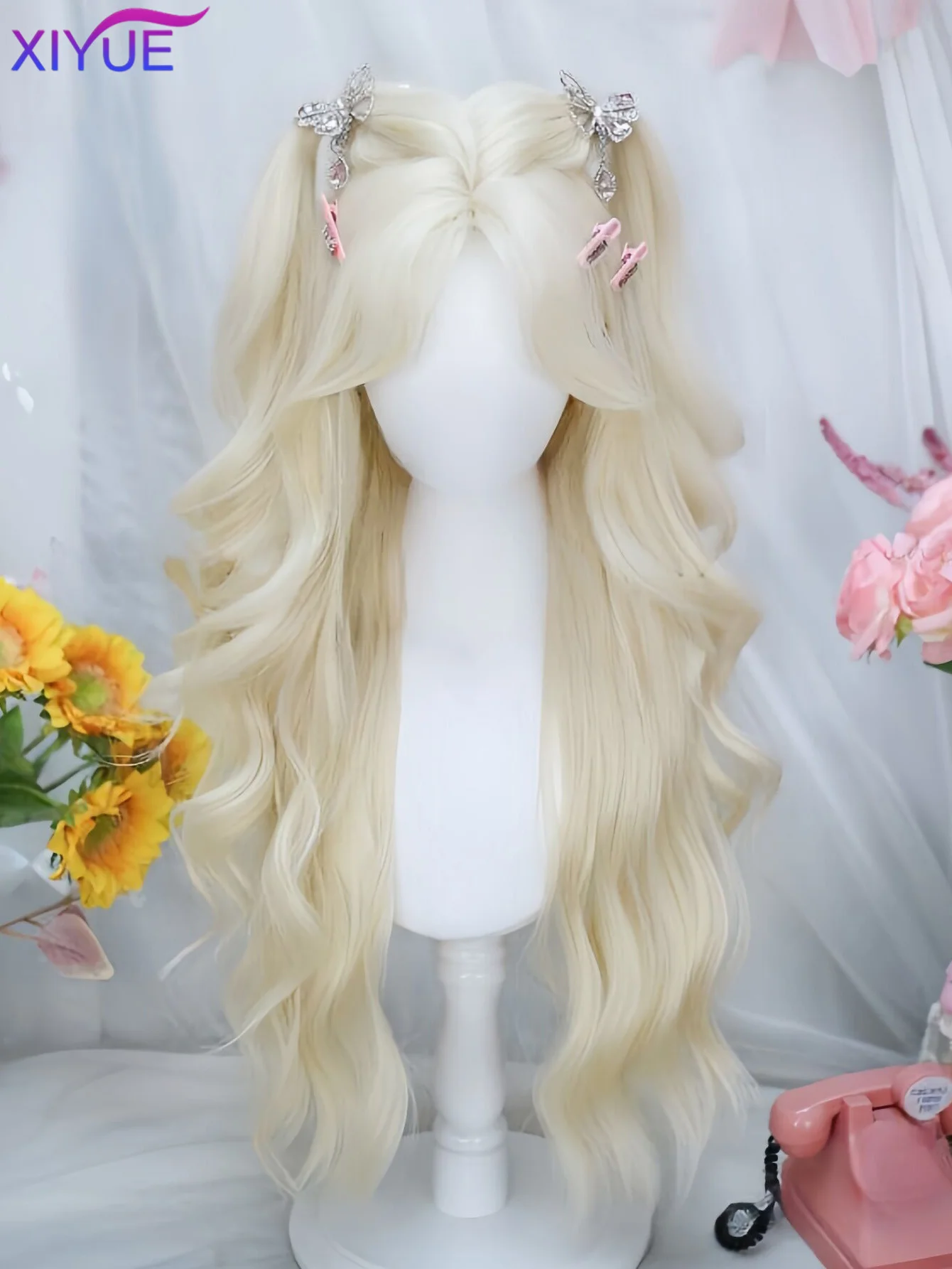 Synthetic Wigs Long-Haired Women With White Gold Hair Full Head Eight-Character Bangs Big Waves And Long Curly Hair Lolita Cospl