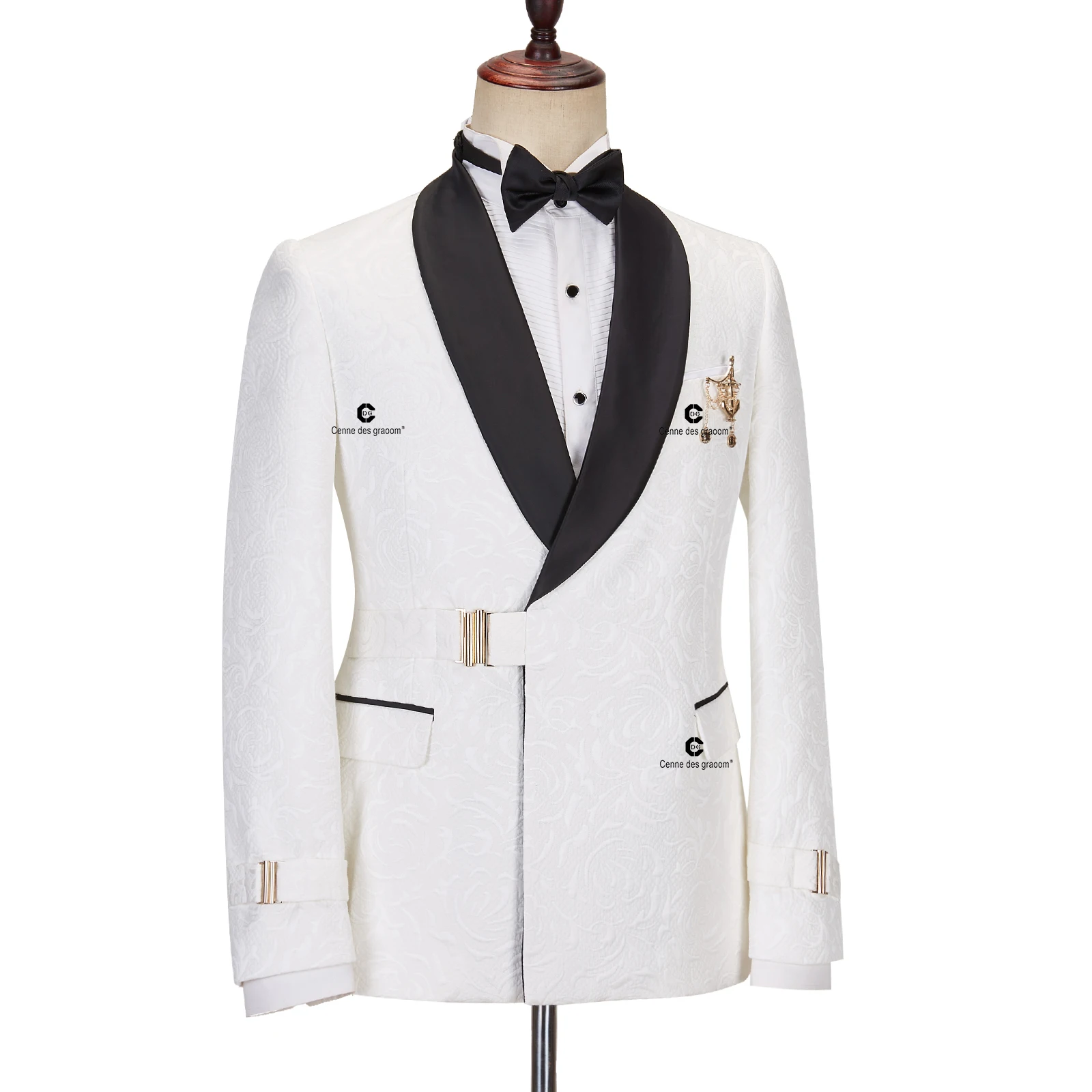 Cenne Des Graoom 2024 Men Suits Black and White Floral Paisley Tuxedo Pants Double Breasted with Single Metal Side Buckle Dinner 2