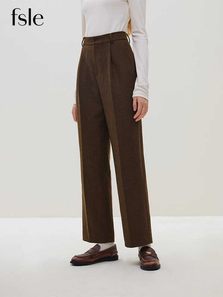 FSLE 클래식 통근 스타일 여성용 하이 웨이스트 53.4% 울 스트레이트 바지..