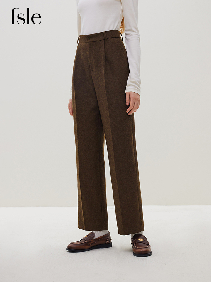 FSLE Classic Commuter Style High-waisted 53.4% Wool Straight Pants for Women 2023 Winter New Retro Thickened Trousers Female