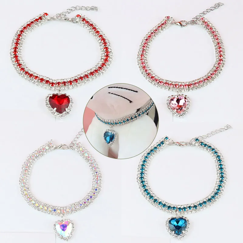 

Dog Crystal Collar Cat Necklace Glitter Rhinestones Adjustable Pet Collars Heart Pendant Jewelry For Small Dog Supplies Princess