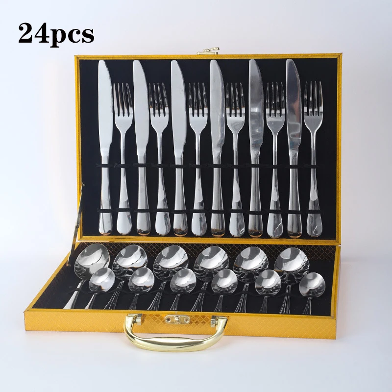 

24Pcs Pink Handle Golden Cutlery Set Stainless Steel Silverware Knife Fork Spoon Tableware Set Kitchen Western Dinnerware Gift