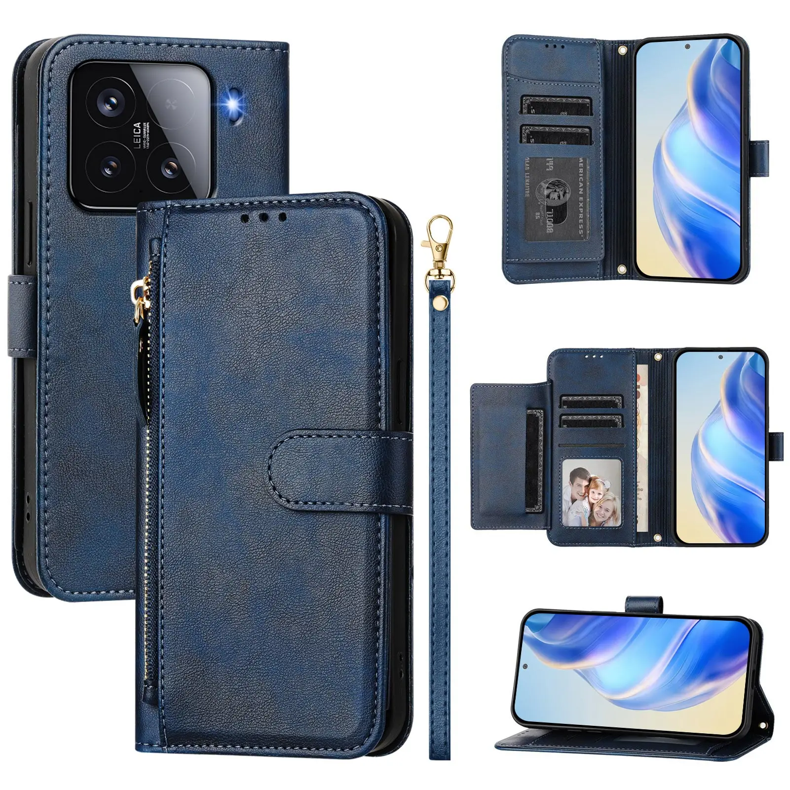 Luxury Zipper Leather Flip Wallet Phone Case with Stand and Card Holder