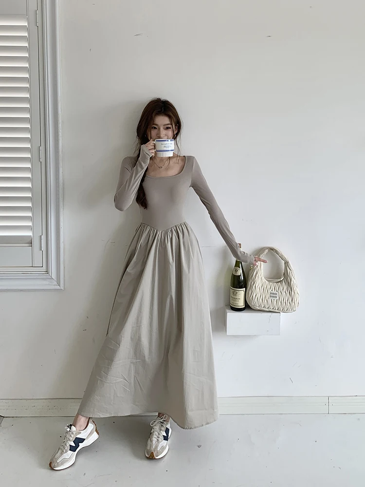 Casual Knitted Midi Dresses for Women Solid Long Sleeves Square Collar A-line Autumn New Elegant Dress Female Slim Vestidos