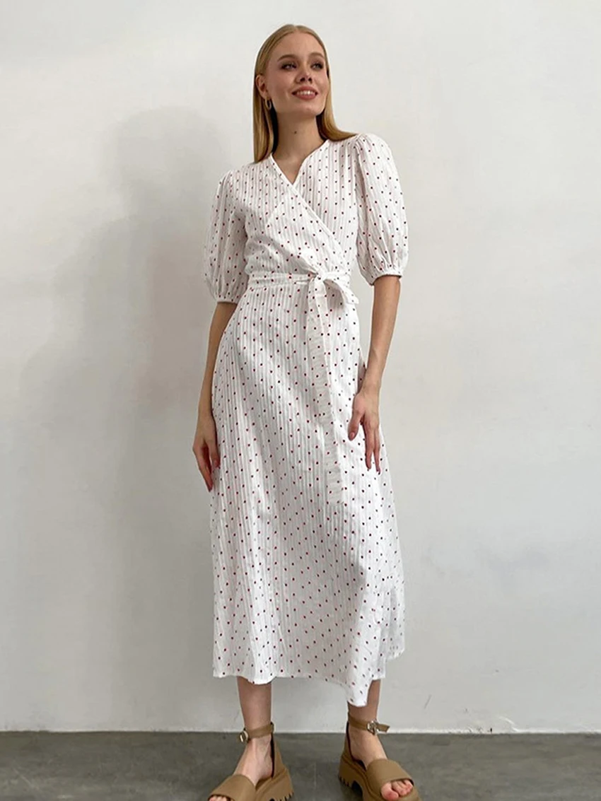 Mathaqiqi Printing Casual Ladies Sleepwear Sexy V-Neck Pajamas Half Sleeve Pyjamas Lace Up Nightwear Mid-Calf Dress Home Clothes