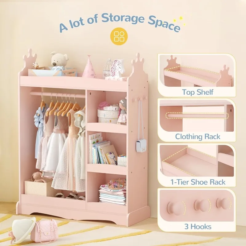 Kids Dress up Storage with Mirror, Wardrobe with 3 Hooks, Kids Closet for Girls Boys, Armoire Costume Organizer