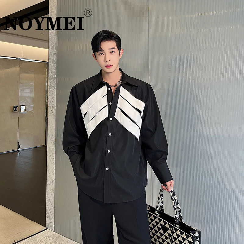 

NOYMEI Contrast Color Fashion Men's Patchwork Lapel Single Breasted Shirt 2024 Autumn All-match Casual Patchwork Male Top WA2833