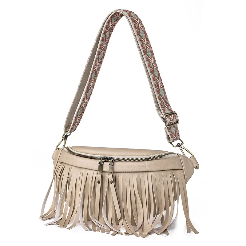 2023 European And American Retro Tassel Pleated Women's Chest Bag Fashion Shell Shaped Pu Soft Leather Crossbody Bag For Women