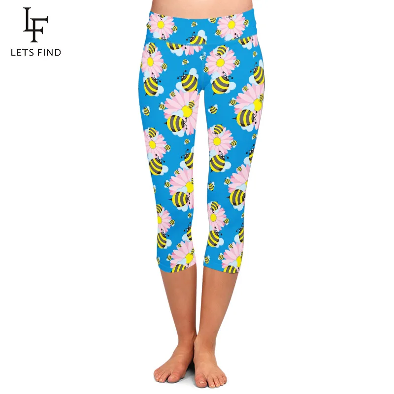 LETSFIND Summer New Women Stretch Capri Pants High Quaility 3D Cute Bees Print High Waist Mid-Calf Casual Leggings