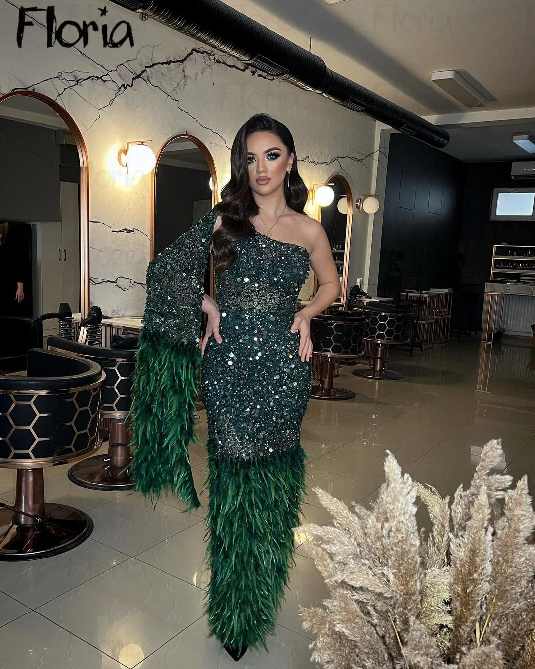 

Feather Long Cape Sleeve Celebrity Dresses Customized Women Dark Green One Shoulder Evening Dress Full Beaded вечернее платье