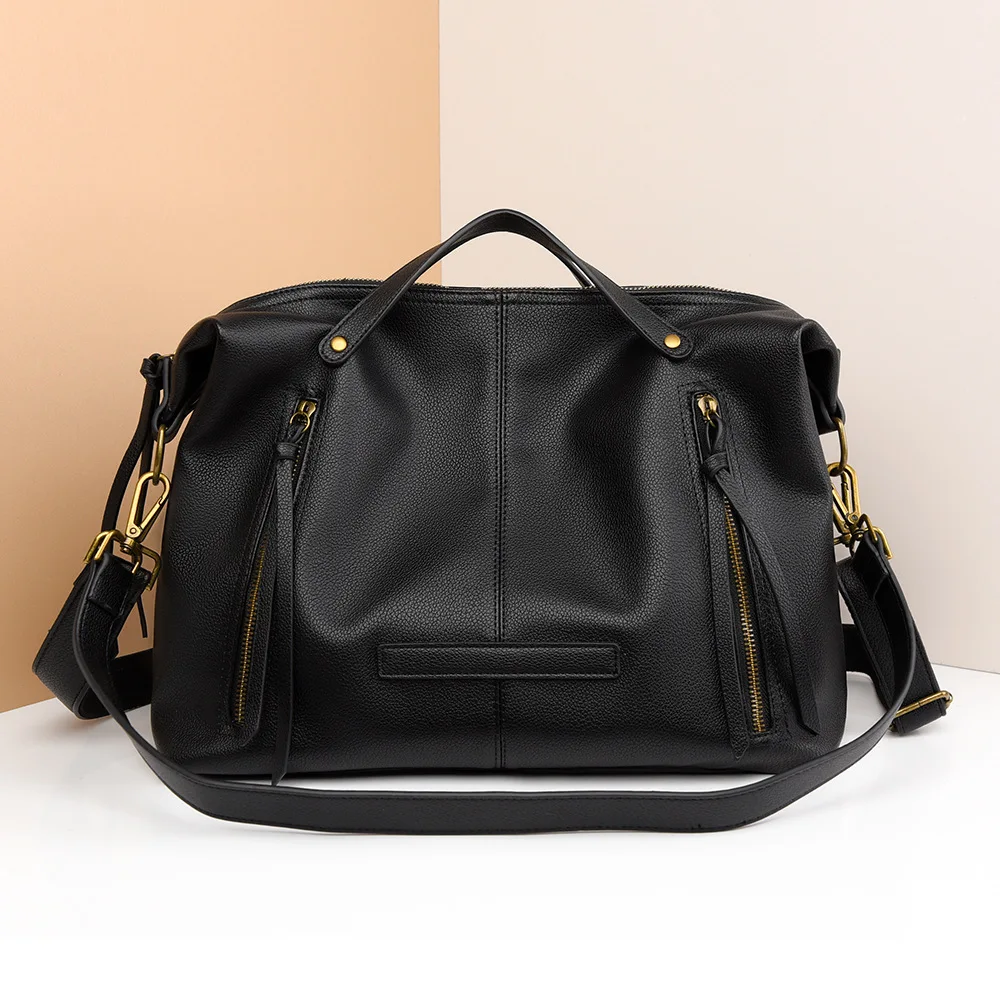 Large Capacity Top Layer Soft Leather Single Shoulder Bag Trendy Crossbody Handbag Fashionable Tote Bag Polyester Lining