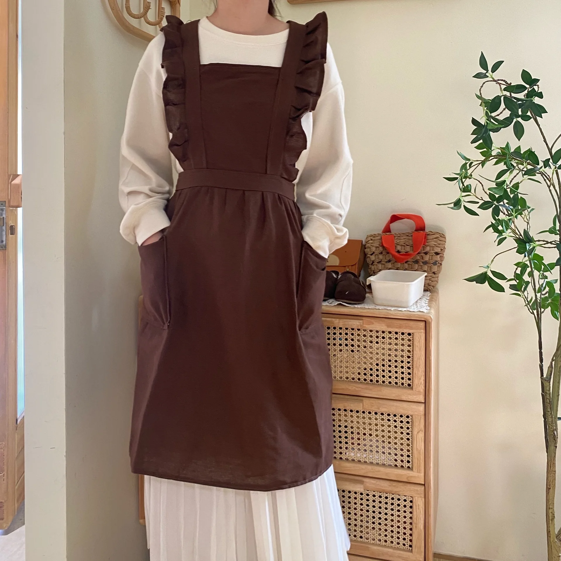 

Japanese Style Linen Kitchen Apron, Cooking Baking, Solid Color, Lace Bib, Overalls Bookstore, Coffee Shop