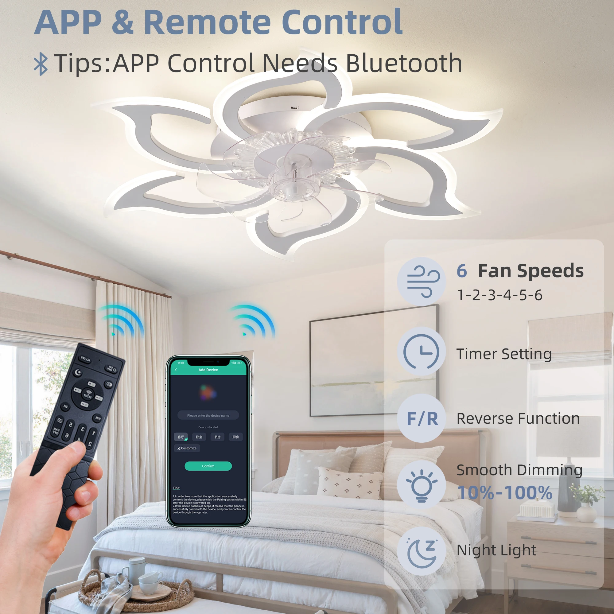 Smart Lotus-Shaped Ceiling Fan with Light, Adjustable Color Temperature and Brightness, 6 Wind Speeds, Reversible for Winter and Summer, Remote Control + App Control, 30Db Silent, Suitable for Multiple Scenarios
