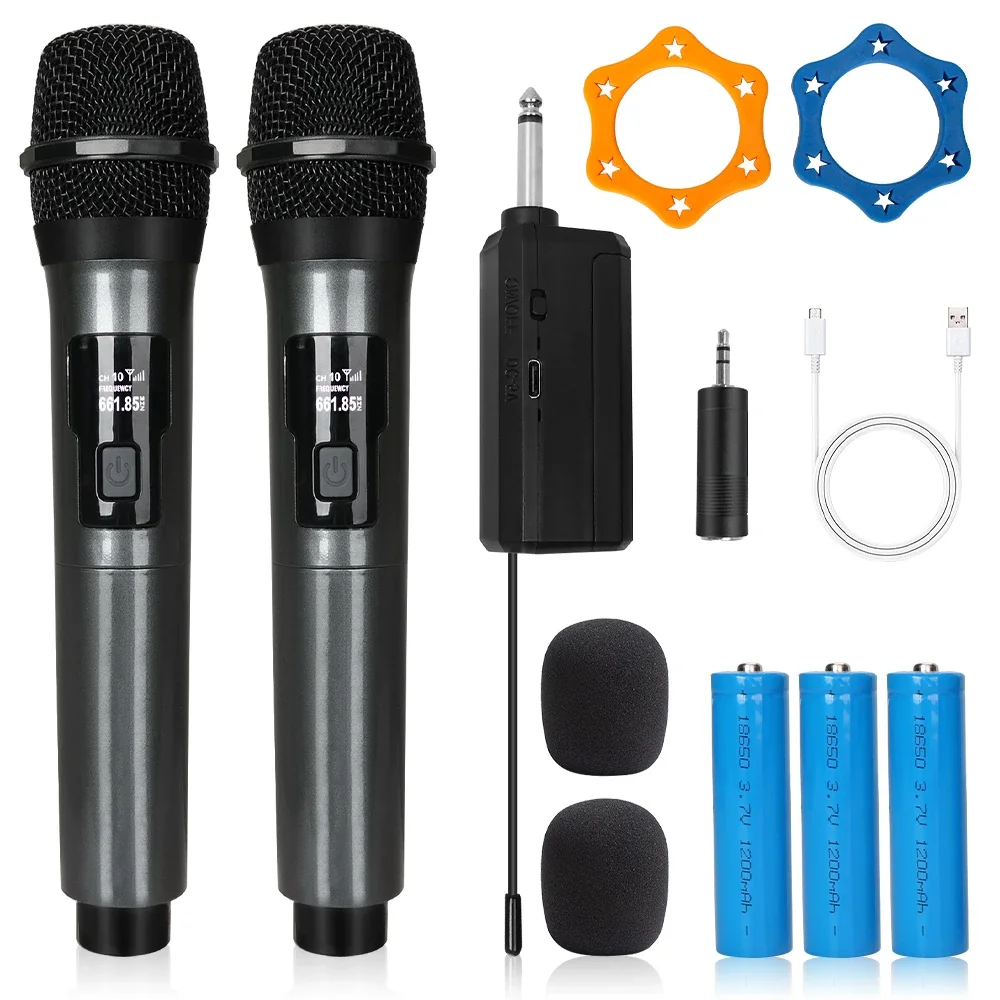 

Wireless Microphone 2 Channels UHF Handheld Karaoke Mic with 1200mAh Rechargeable Battery For Party DJ Speaker Conference Church
