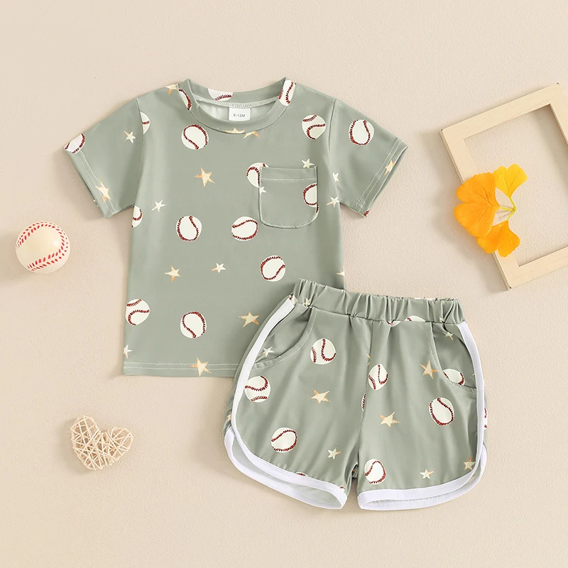 

Toddler Boys Summer Outfits Baseball Print Round Neck Short Sleeve Tops and Elastic Waist Shorts 2Pcs Clothes Set