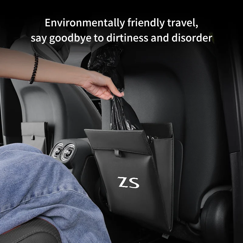Car Trash Can For MG ZS Leather Magnetic Adsorption High-capacity Garbage Bag Auto Back Seat Hanging Storage Pocket Accessories