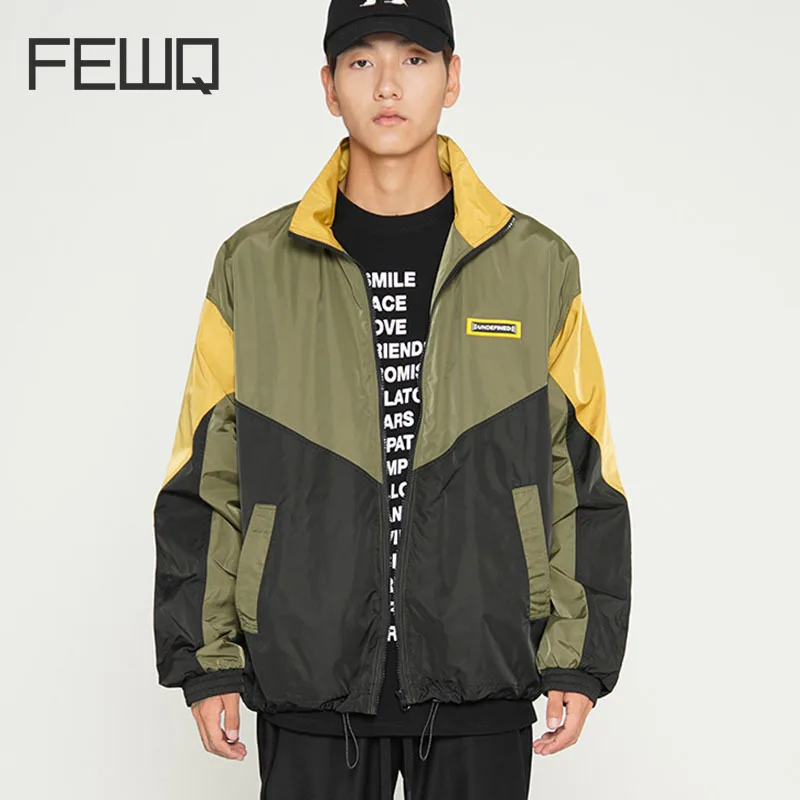 

FEWQ Men's Jacket High Street Off Shoulder Sleeves 2023 Trendy Contrast Color Zipper Design Long Sleeve Male Tops 24X1663