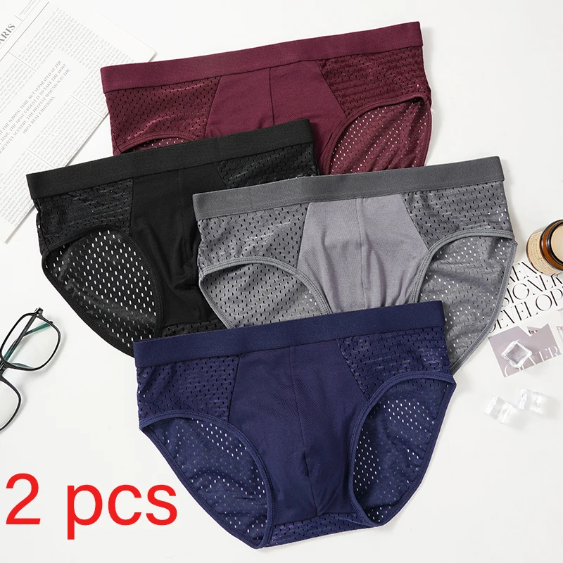 2 Pcs/Lot Men's Mesh Breathable Briefs Underwear Hombre Hole Large Size Male Shorts Lingerie Underpants Sexy Panties 1