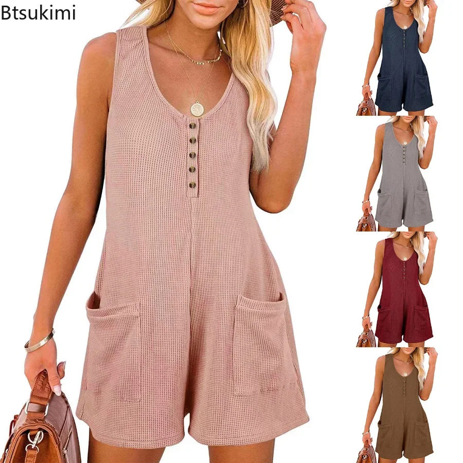 

New 2024 Women's Summer Casual Playsuits Pocket V Neck Button Sleeveless Tank Wide Leg Romper Jumpsuits Female Overalls Outfits