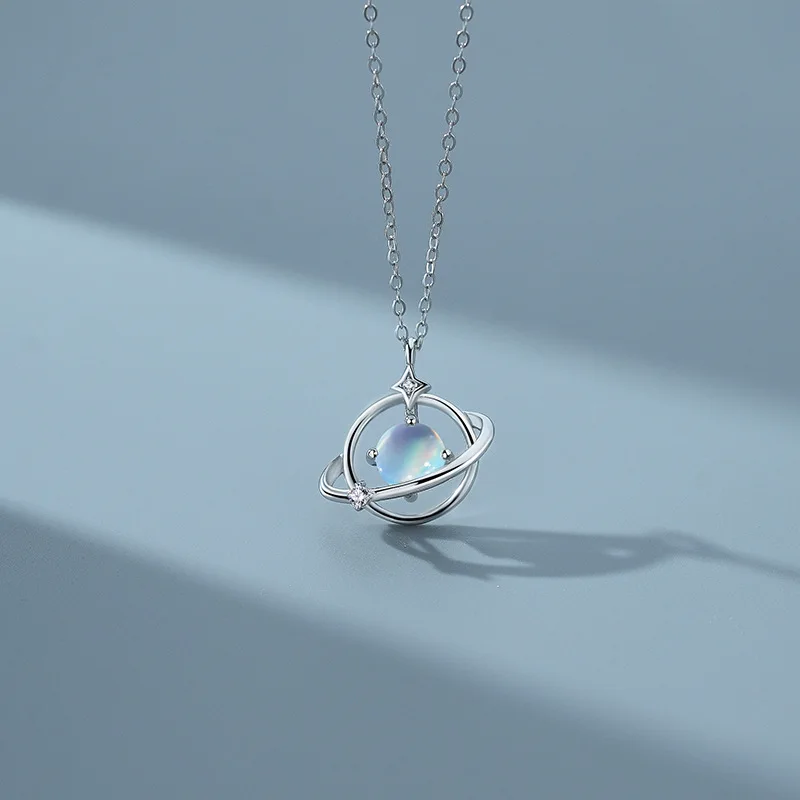 

s925 sterling silver moonstone planet necklace female simple temperament asteroid clavicle chain